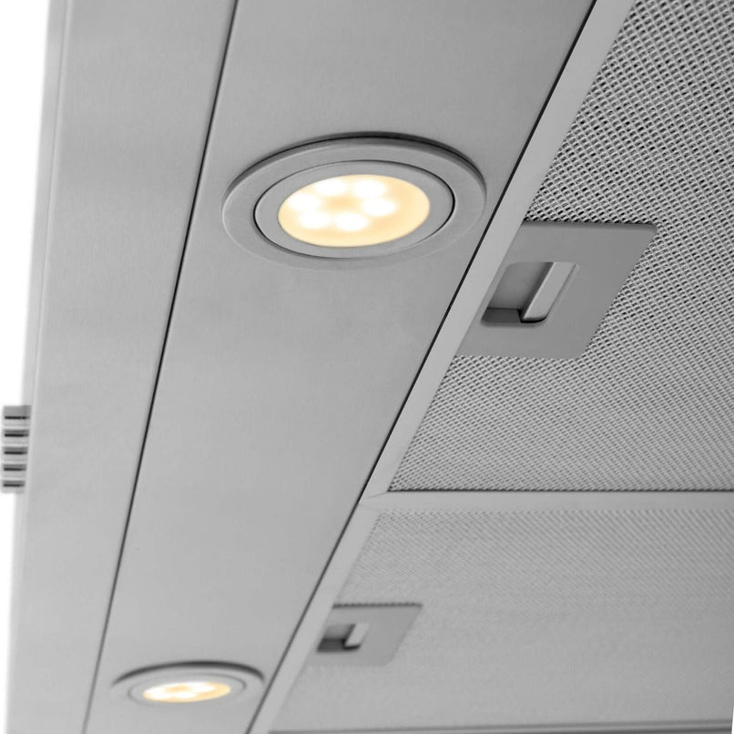 ZLINE 30 in. Ducted Under Cabinet Range Hood in Stainless Steel - Hardwired Power (617-30) close-up, built-in LED lights.