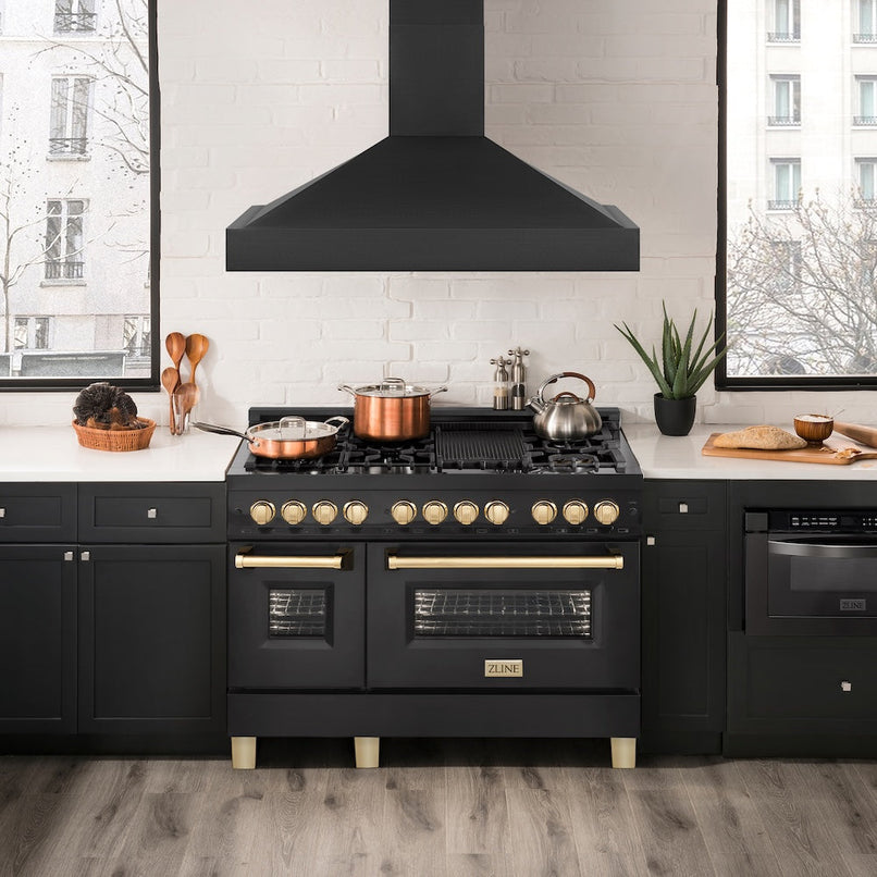 ZLINE 48 in. Ducted Vent Black Stainless Steel Wall Mount Range Hood (BS655N-48) in a luxury kitchen.