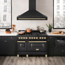 ZLINE 48 in. Black Stainless Steel Range Hood with Polished Gold Handle (BS655Z-48-G) in a luxury kitchen.