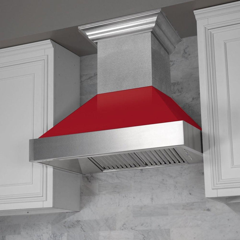 ZLINE 36 in. Ducted Satin Stainless Steel Wall Mount Range Hood with Red Gloss Shell (8654RG-36)