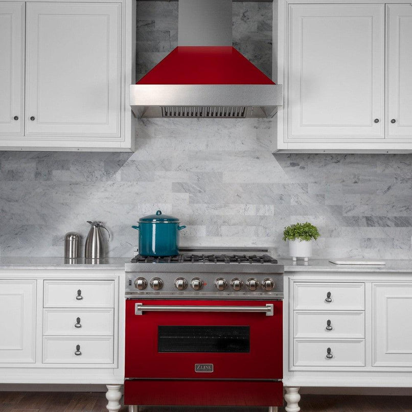ZLINE 30 in. Ducted Satin Stainless Steel Wall Mount Range Hood with Red Gloss Shell (8654RG-30)