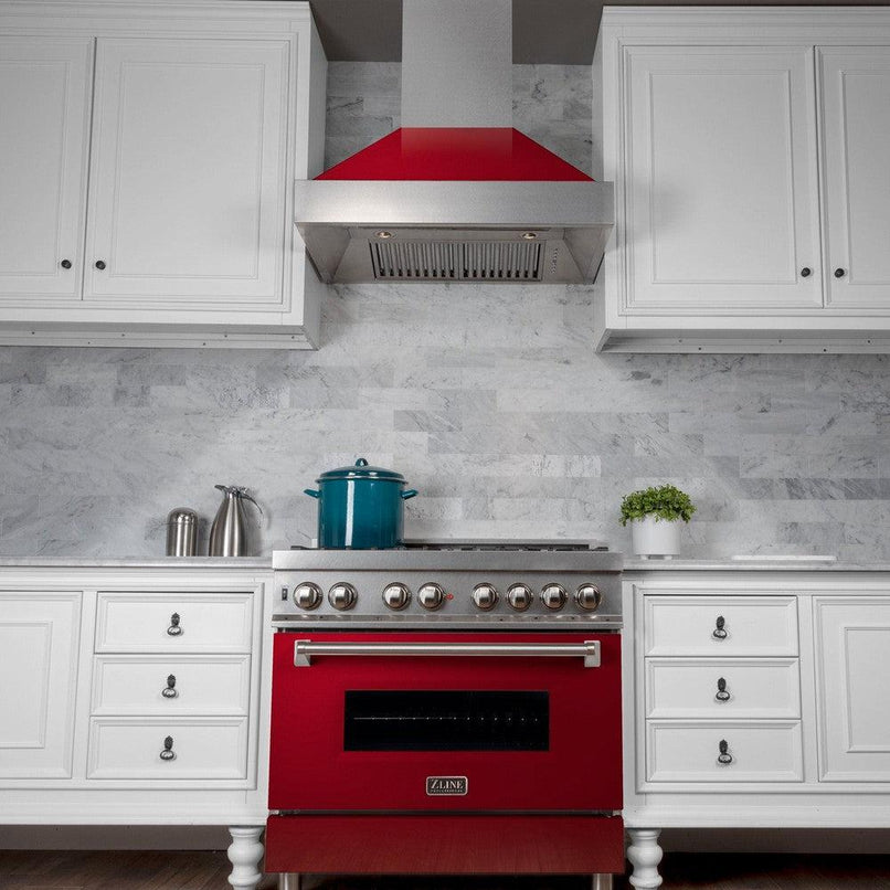 ZLINE 48 in. Ducted Satin Stainless Steel Wall Mount Range Hood with Red Gloss Shell (8654RG-48)