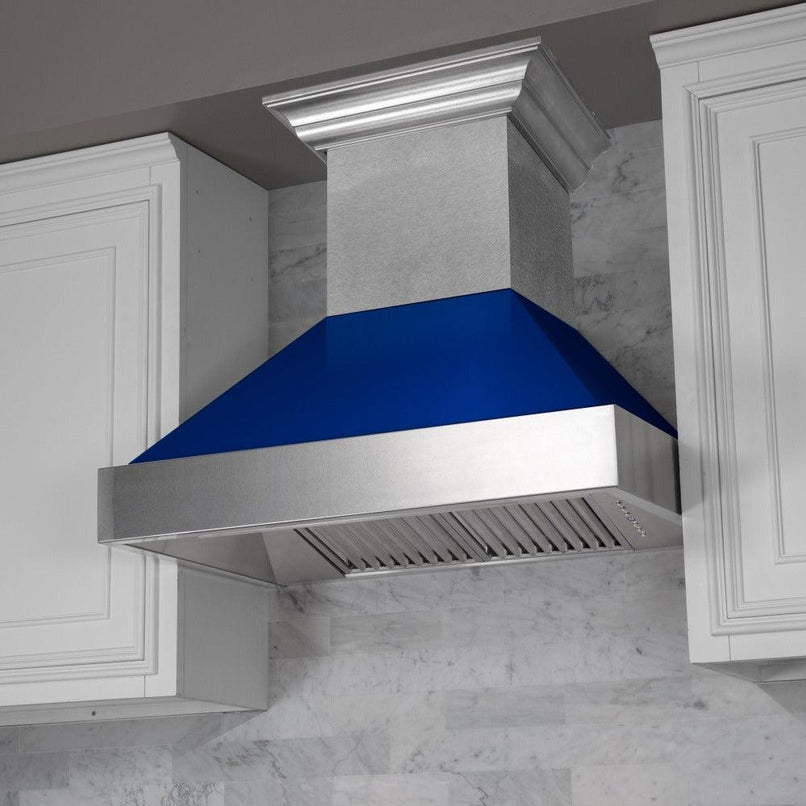 ZLINE 48 in. Ducted Satin Stainless Steel Wall Mount Range Hood with Blue Gloss Shell (8654BG-48)