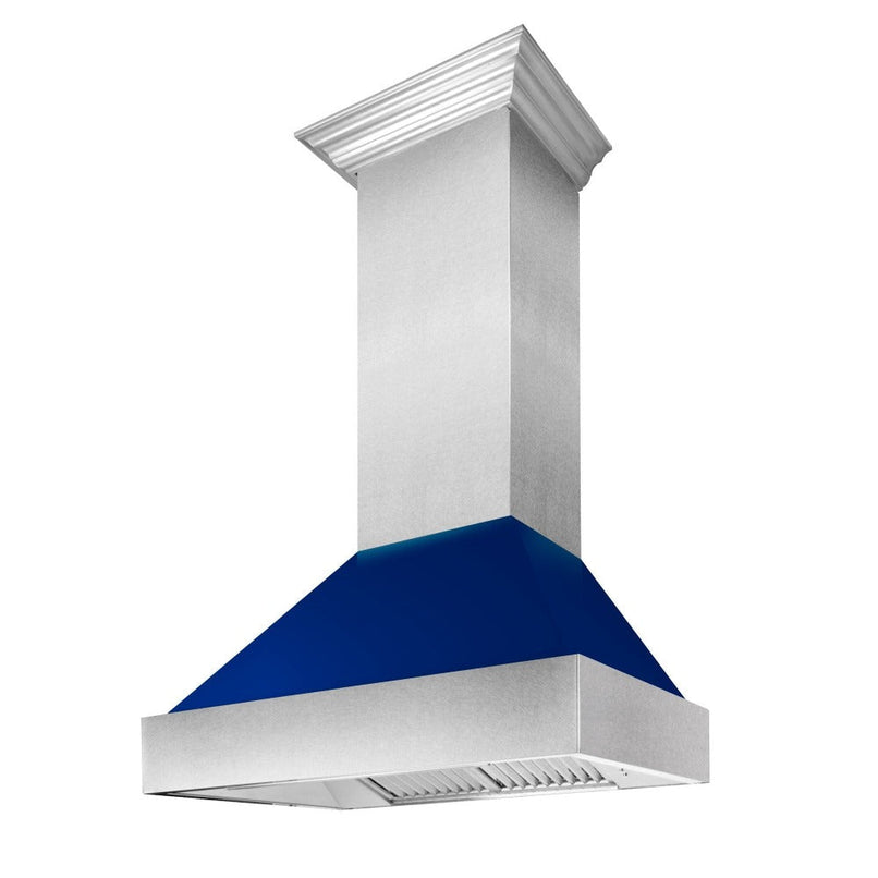 ZLINE 30 in. Ducted Satin Stainless Steel Wall Mount Range Hood with Blue Gloss Shell (8654BG-30)
