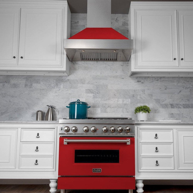 ZLINE 30 in. Ducted Satin Stainless Steel Wall Mount Range Hood with Red Matte Shell (8654RM-30)