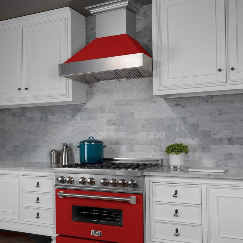 ZLINE 48 in. Ducted Satin Stainless Steel Wall Mount Range Hood with Red Matte Shell (8654RM-48)