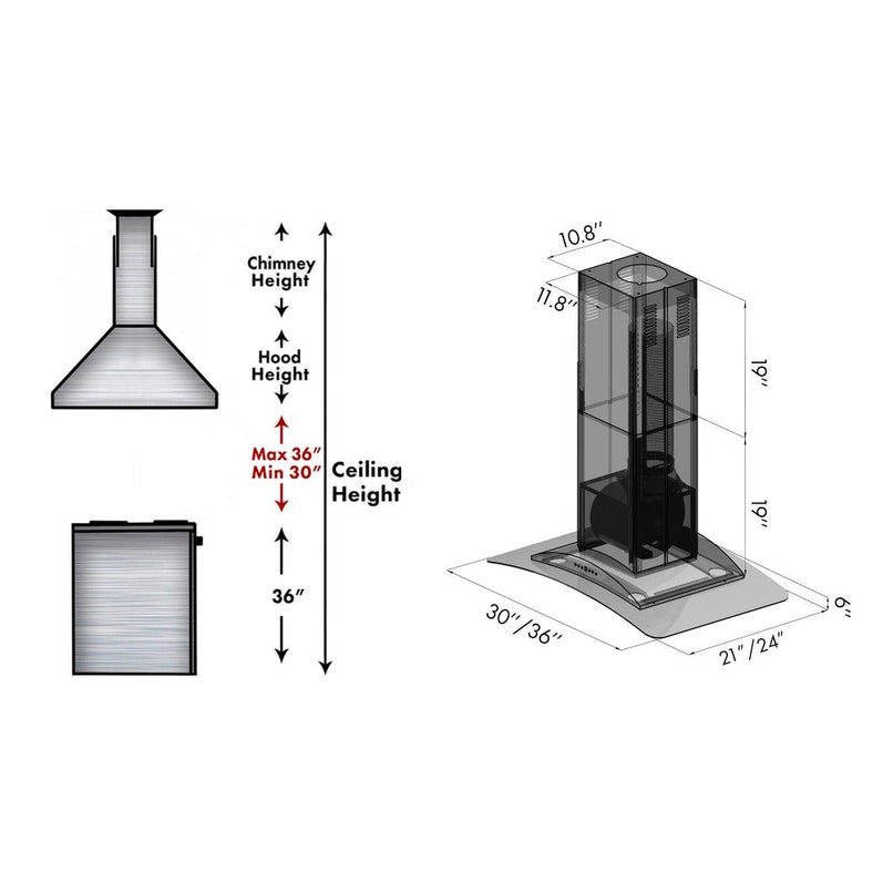 ZLINE 30 in. Convertible Vent Island Mount Range Hood in Stainless Steel and Glass (GL9i-30)