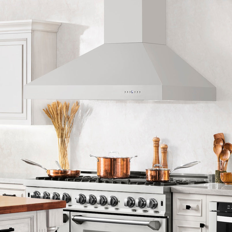 ZLINE 48 in. Professional Ducted Wall Mount Range Hood in Stainless Steel (697-48) in a luxury kitchen.