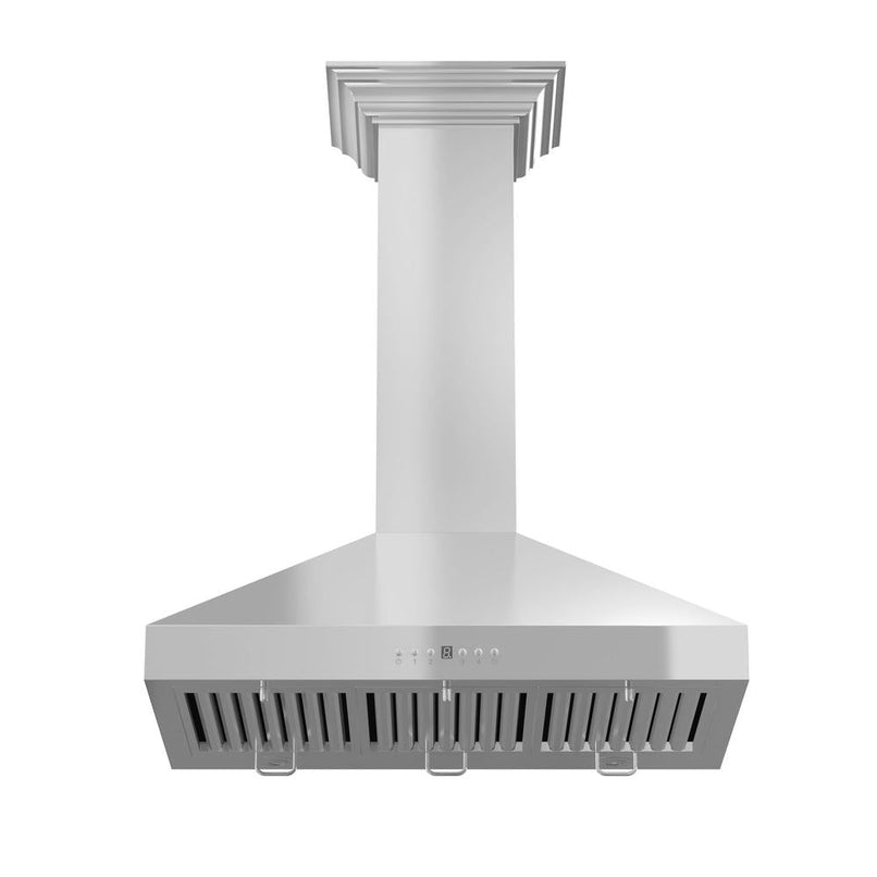 ZLINE 30 in. Convertible Vent Convertible Vent Wall Mount Range Hood in Stainless Steel with Crown Molding (KL3CRN-30) underneath.