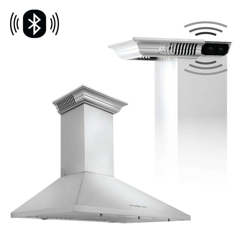 ZLINE 42 in. CrownSound™ Ducted Vent Wall Mount Range Hood in Stainless Steel with Built-in Bluetooth Speakers (KL2CRN-BT-42)