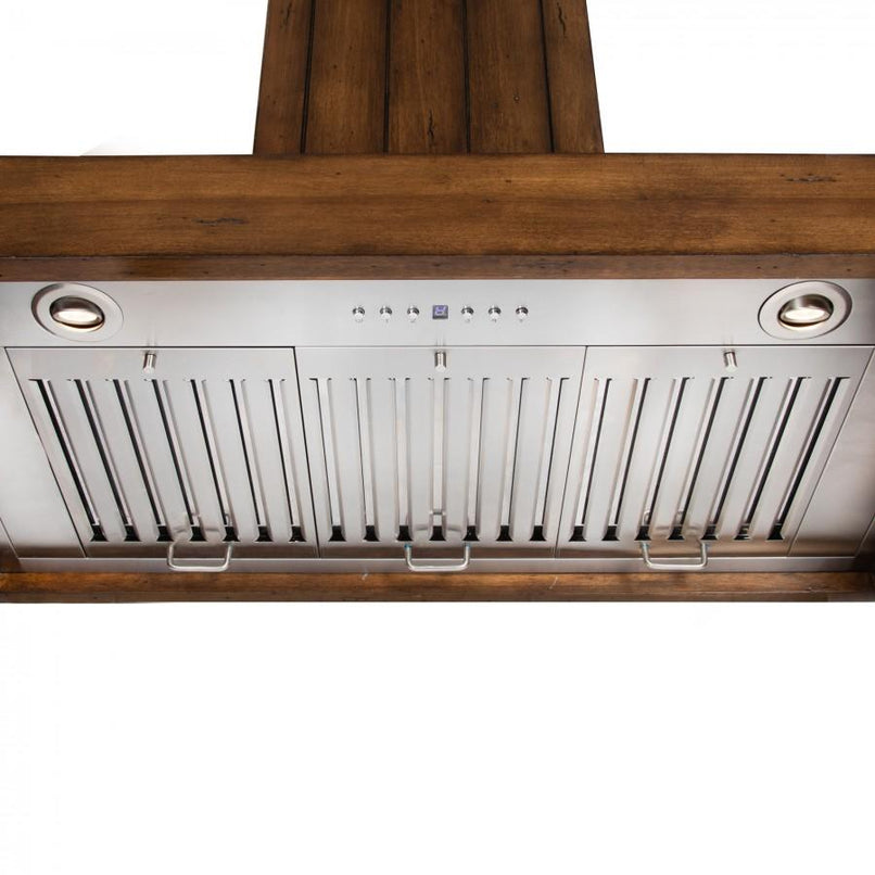 ZLINE 30 in. Wooden Convertible Vent Wall Mount Range Hood in Rustic Light Finish - Includes Motor (KPLL-30) built-in lighting.