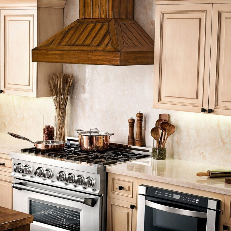 ZLINE 36 in. Wooden Convertible Vent Wall Mount Range Hood in Rustic Light Finish - Includes Motor (KPLL-36) built-in lighting.